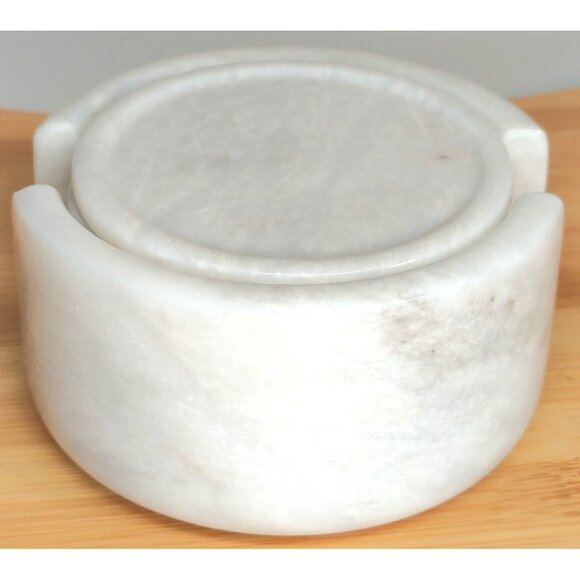 Set of 6 White Carrara Marble Stone Beverage Drink Coasters w/ Matching Base - Picture 7 of 7